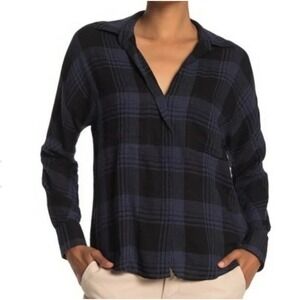 Vince. Women's Blouse Large Blue Blend Black Heathered Plaid V-Neck Preppy Boho